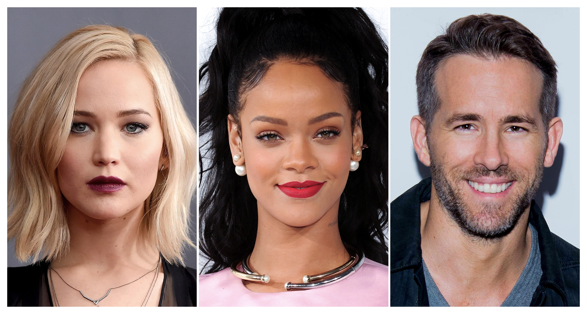 collage de jennifer lawrence, rihanna y ryan reynolds