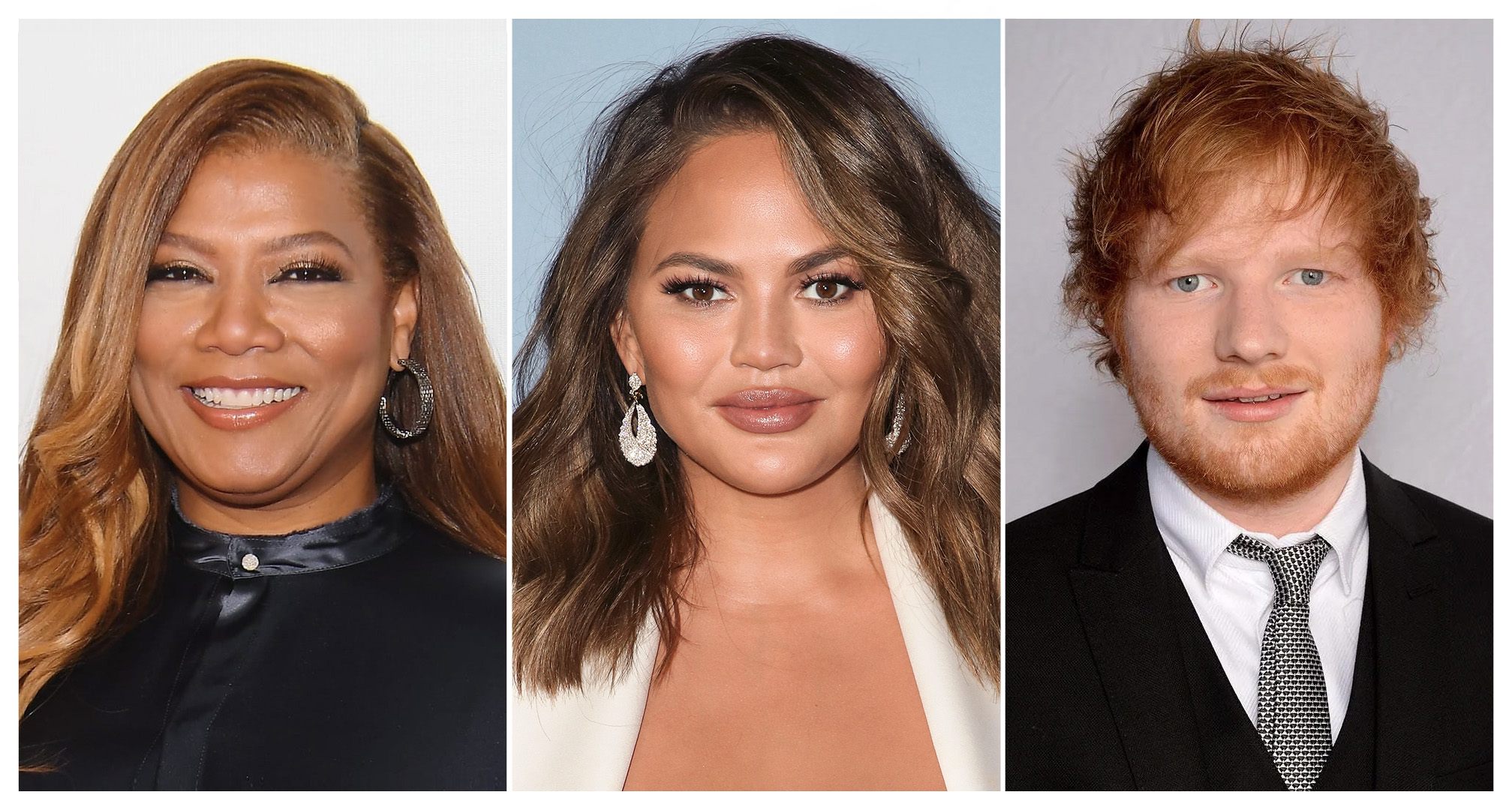 collage de queen latifah1, chrissy teigen y ed sheeran.