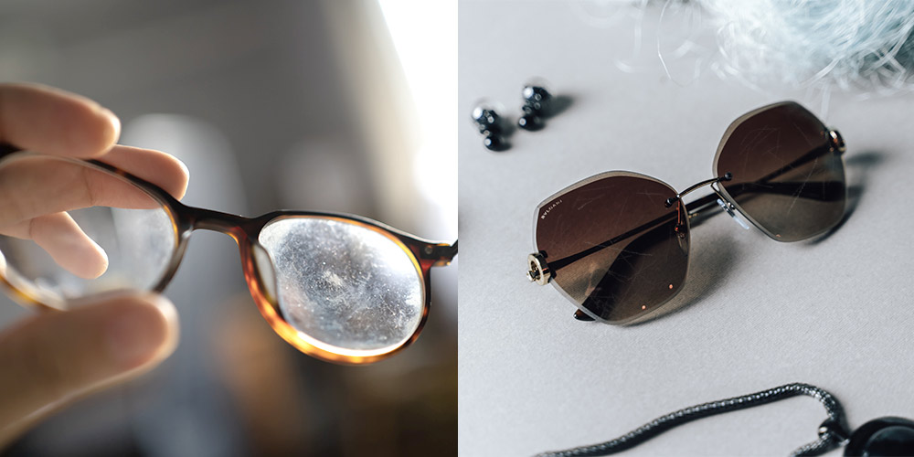 dos imágenes de gafas y gafas de sol con cristales rayados