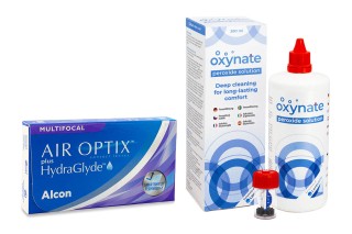 Air Optix Plus Hydraglyde Multifocal (3 lentillas) + Oxynate Peroxide 380 ml con estuche
